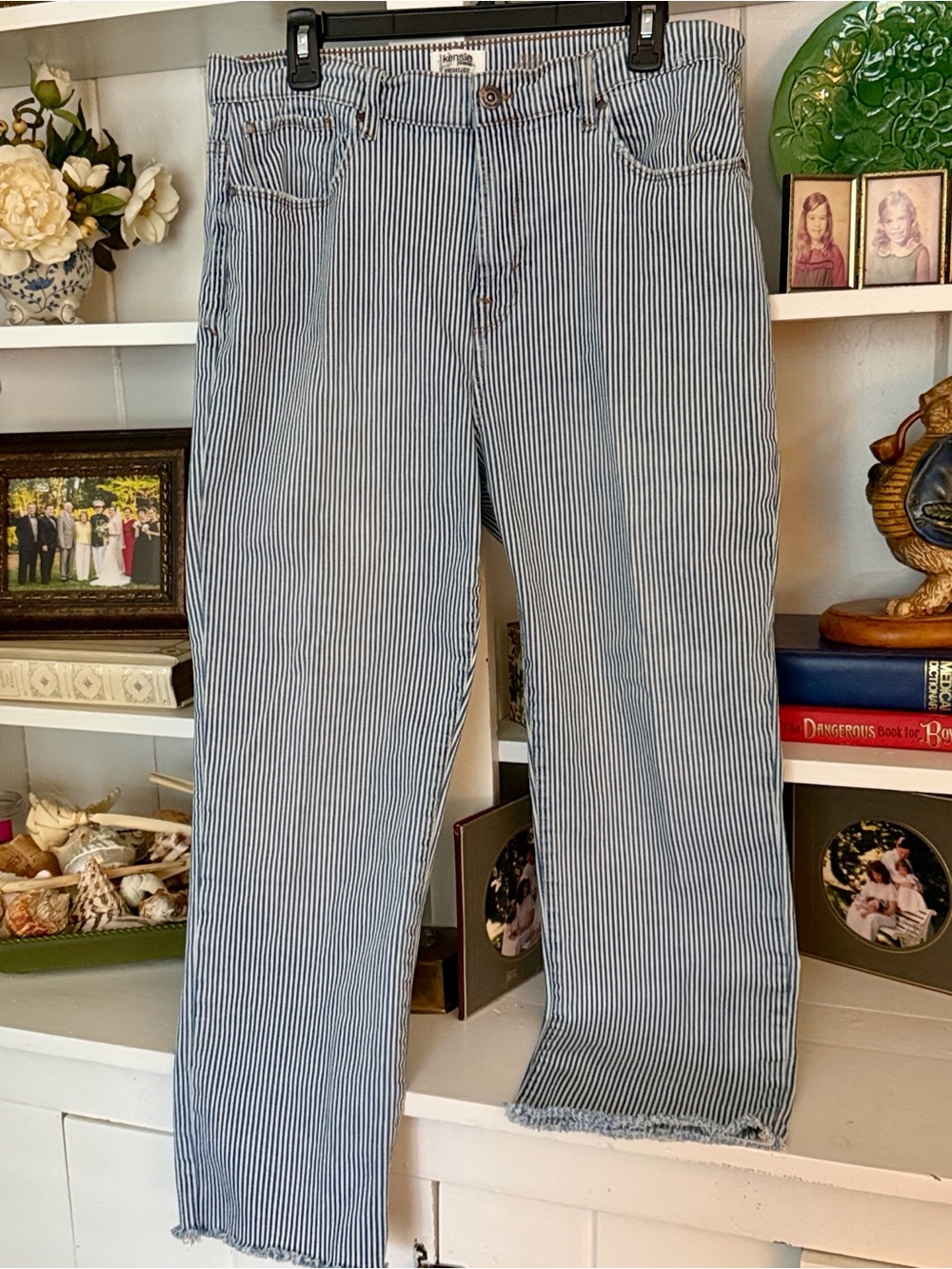 Kensie Vintage Luxe-women’s Blue & White Pinstripe Straight Jeans, Allie cut